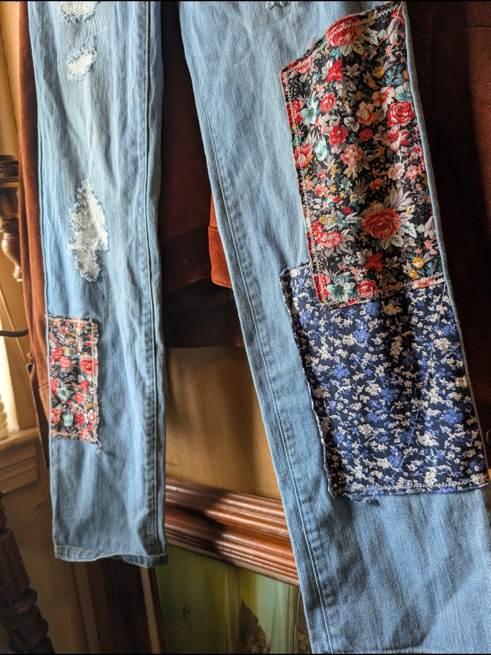 Multiples Light Blue Straight Leg Jeans with Floral Patchwork
